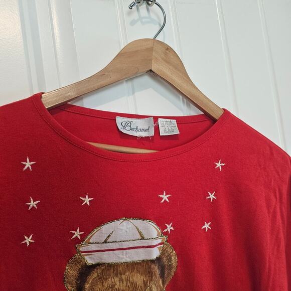 Vintage Bechamel Teddy Bear T-Shirt Womens Large Red 80s Nautical Granny Sailor - Picture 5 of 10